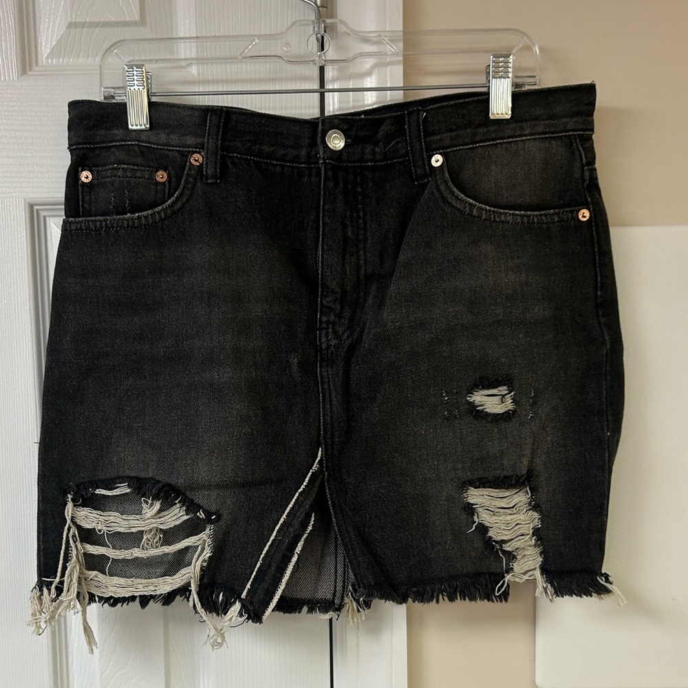 We The Free Black Denim Distressed Mini Skirt